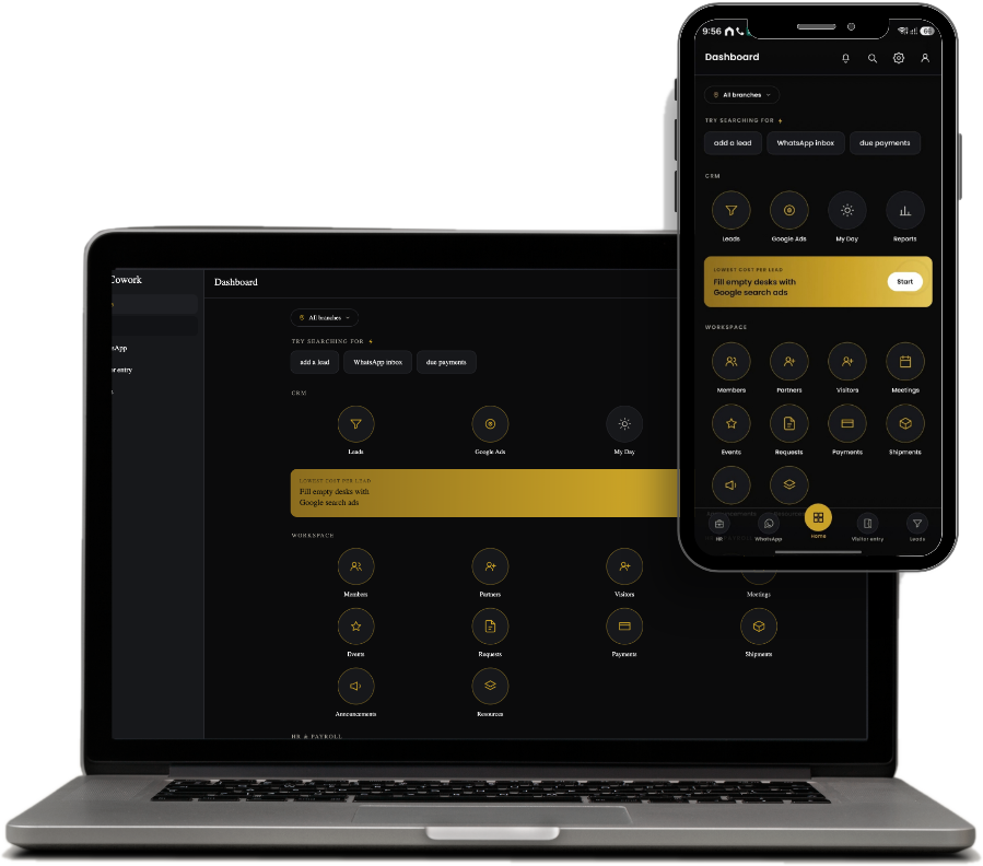 CoWorkRM dashboard on a laptop with the mobile app alongside — Leads, WhatsApp inbox, Google Ads, members, payments and HR in one dark-and-gold interface